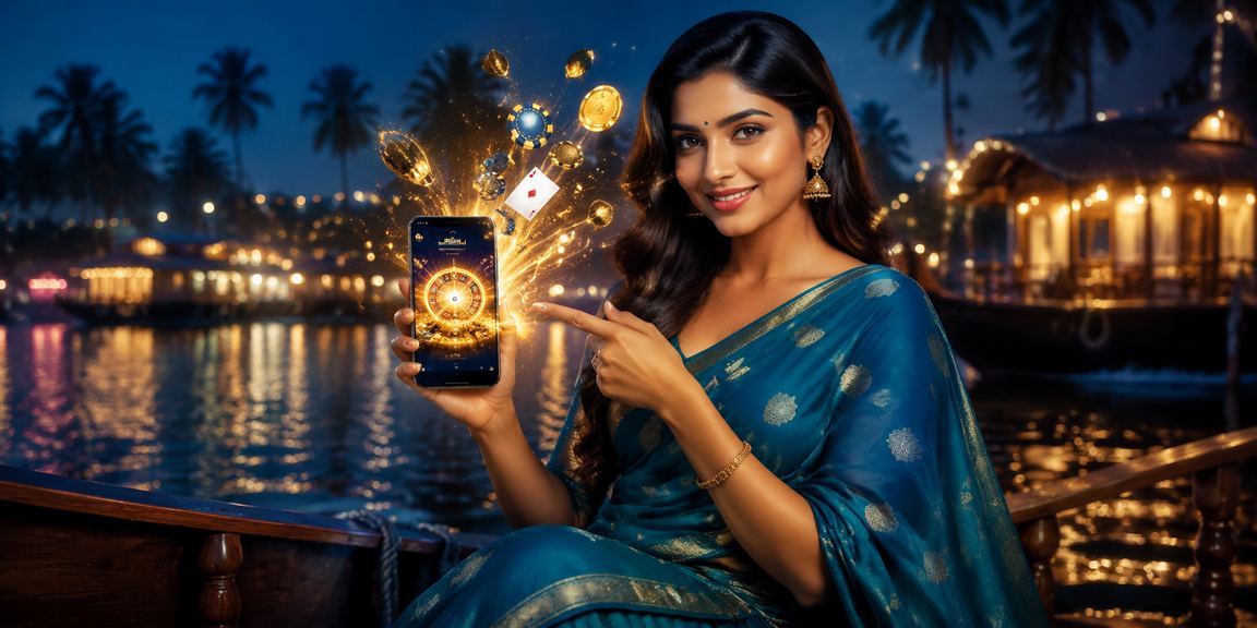 Woman playing casino slot games on mobile device in serene Kerala backwaters